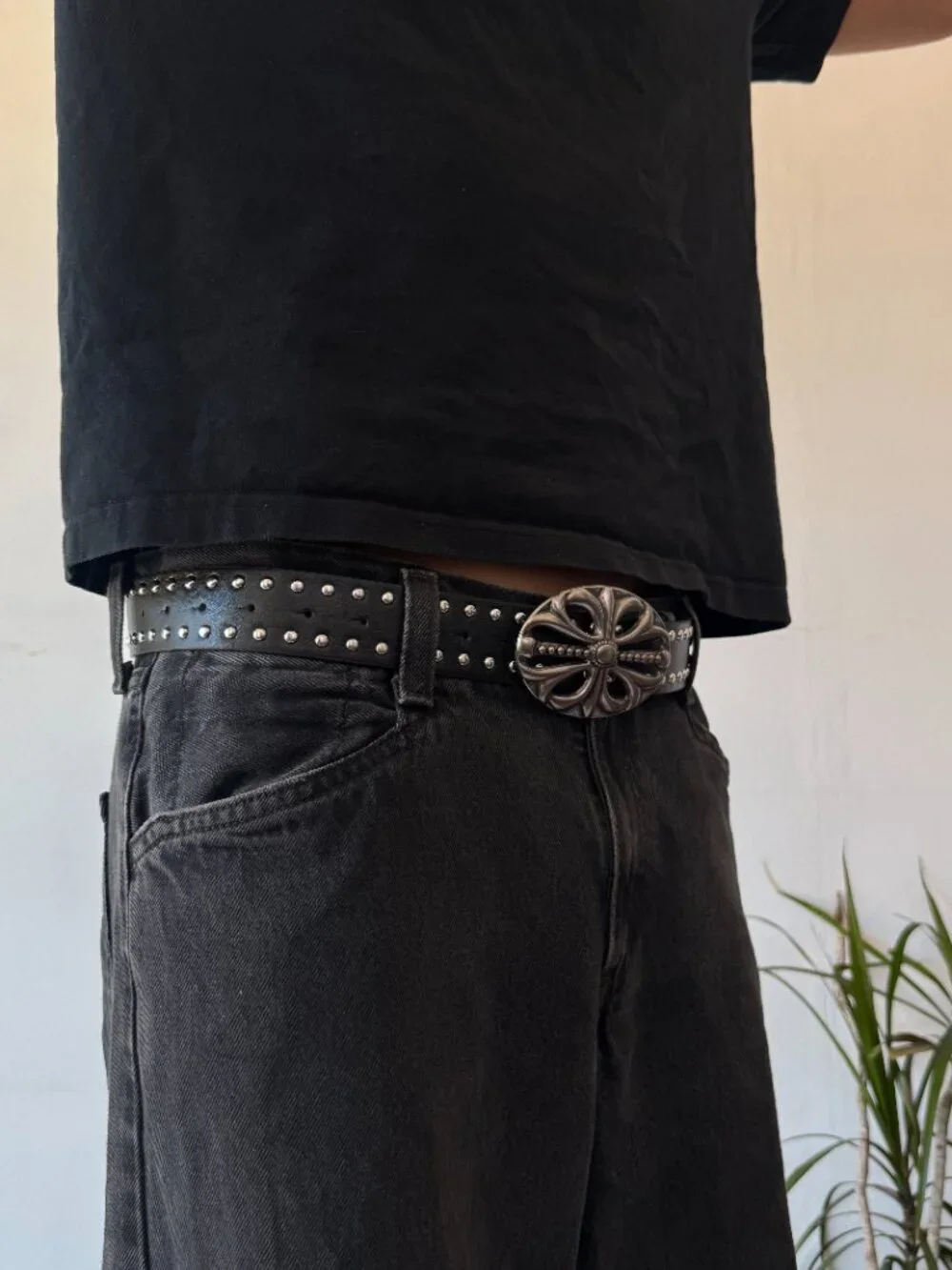 Black Faux Leather Studded Silver Cross Buckle Belt